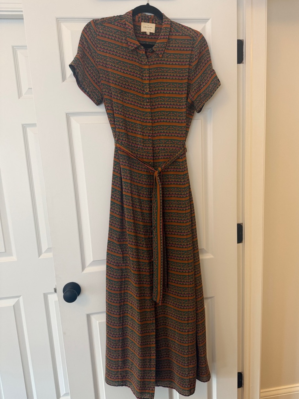 Sezane Olive and Rust Striped Button-Front silk Maxi Dress